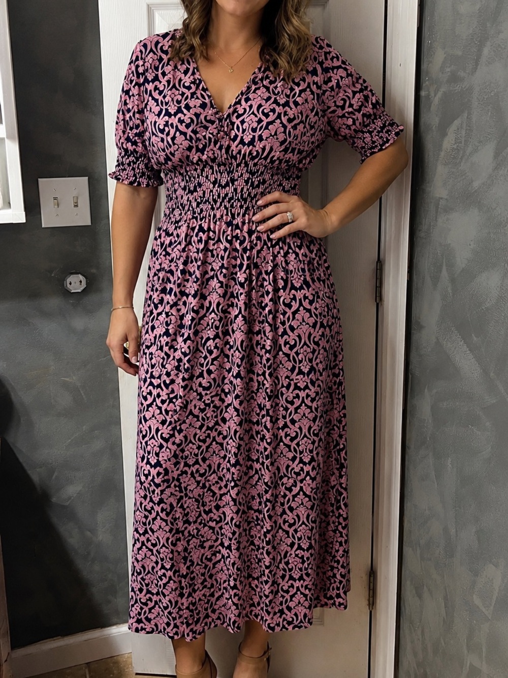 Seven Islands Black Pink Damask Maxi Dress Smocked Waist Puff Sleeve Womens Med